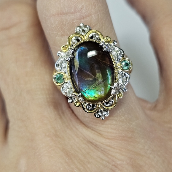 Rare Genuine Ammolite & Emerald Ring in 18k & Sterling Silver Sz 7! π - Picture 3 of 7